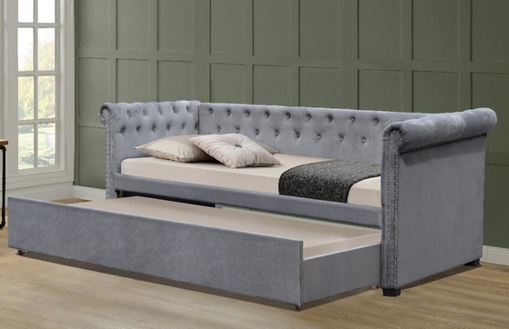 تخت خواب تمام اندازه مخملی پوشیده تخت خواب Trundle Chesterfield Grey Plush